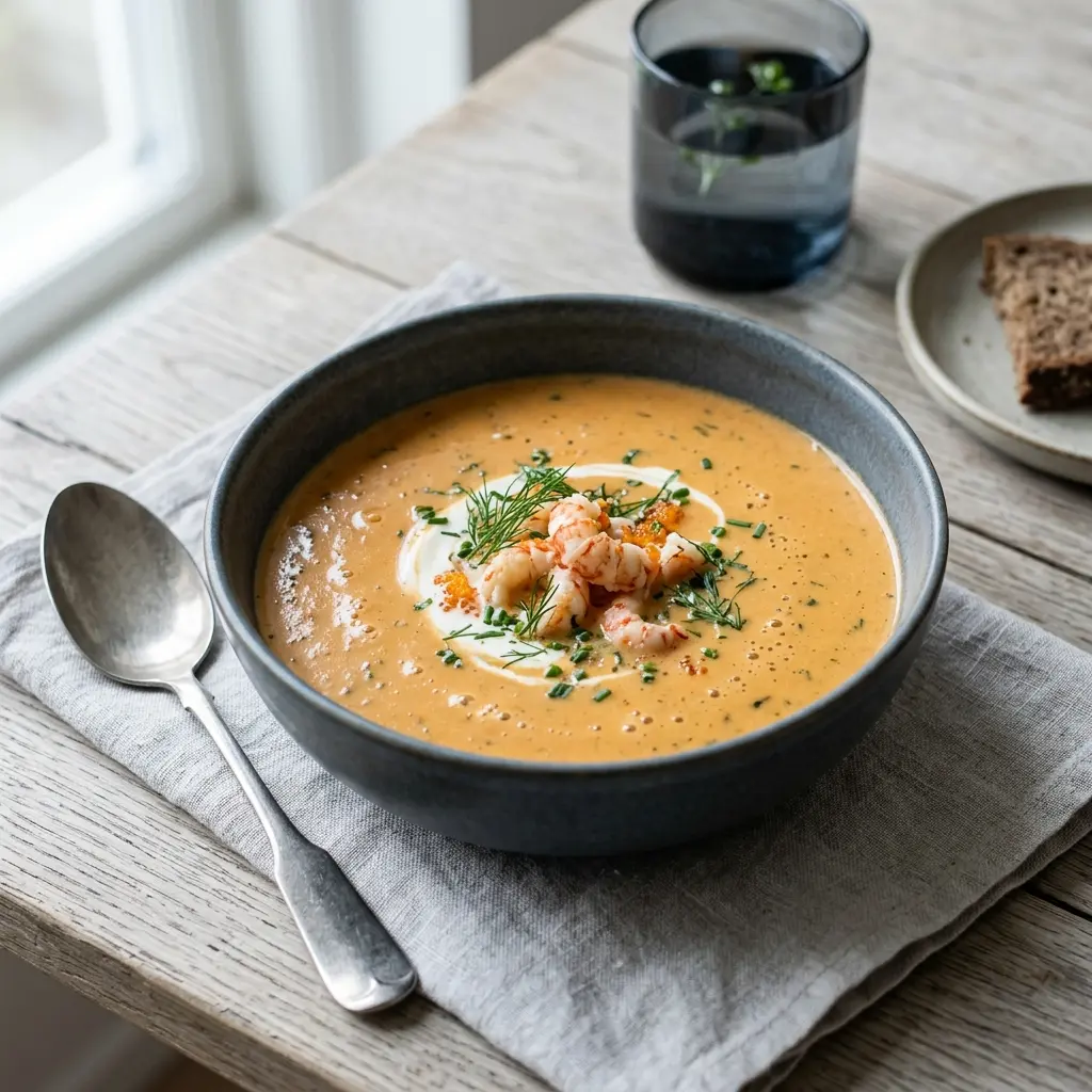 En tallerken med cremet jomfruhummersuppe pyntet med friske krydderurter og en smule god olivenolie