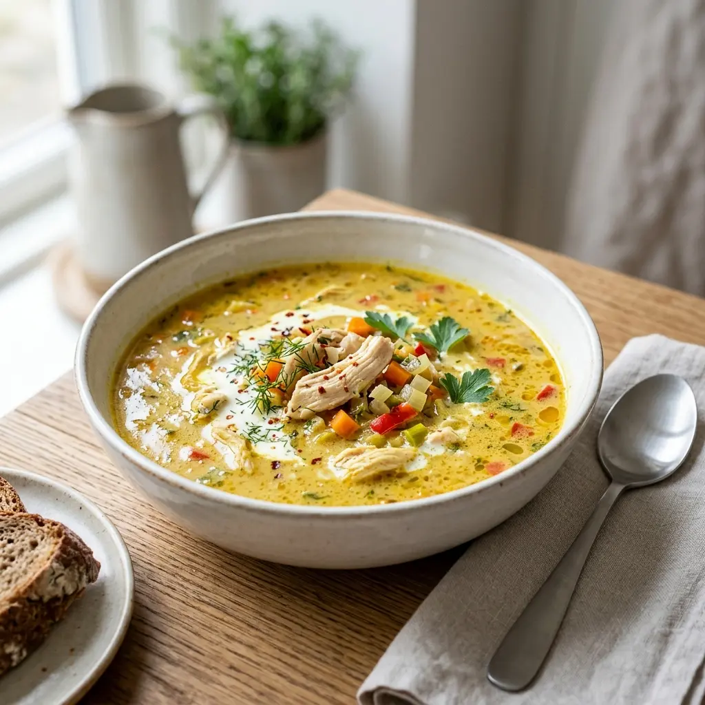 En varm og cremet kyllingesuppe med karry serveret i en dyb tallerken med friske krydderurter