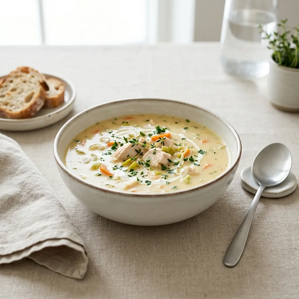 En skål med cremet kyllingesuppe toppet med friske krydderurter og serveret med lunt brød ved siden