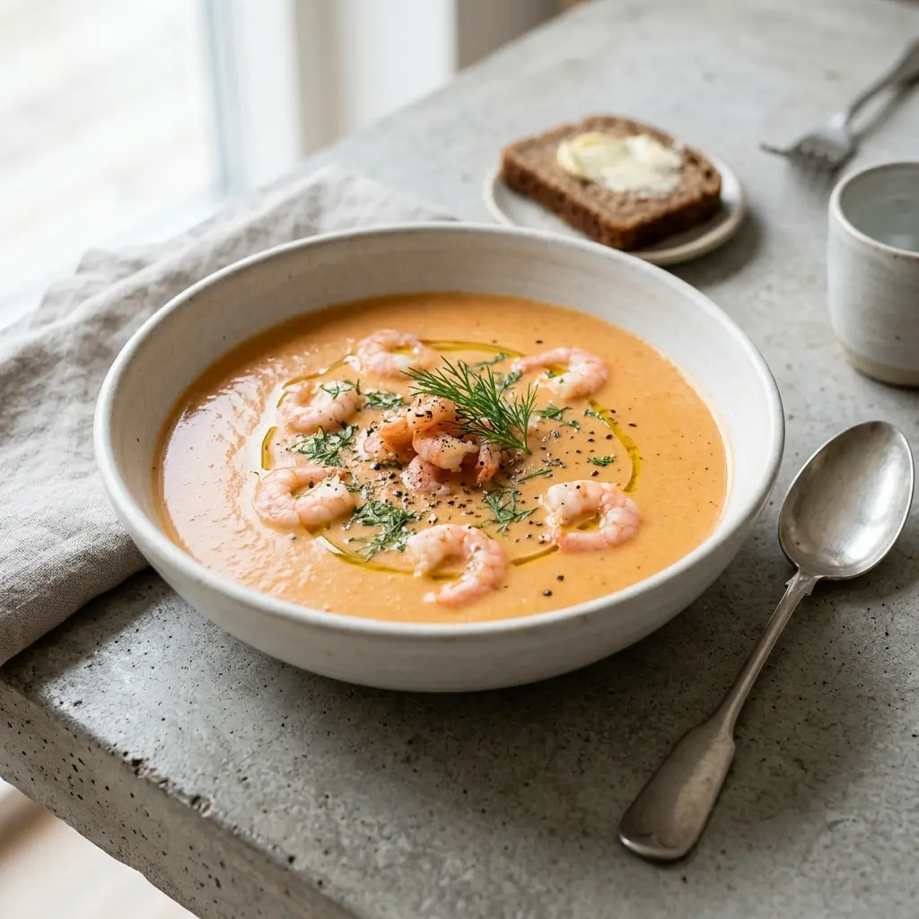 En skål med cremet rejesuppe pyntet med friske krydderurter og serveret med lunt brød til