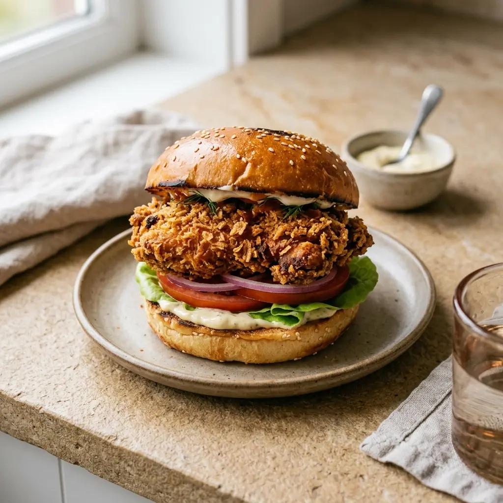 En lækker og veltilberedt crispy chicken burger serveret med sprødt fyld og en blød bolle