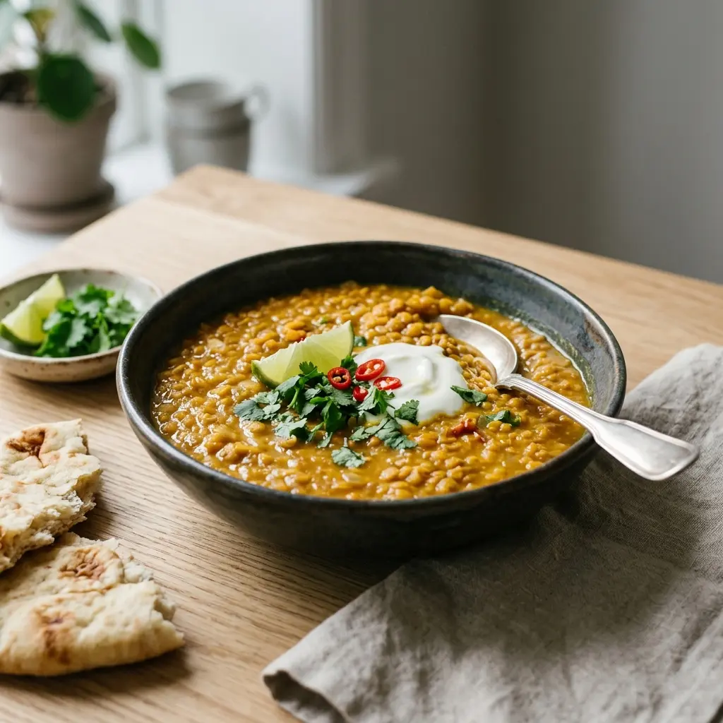 En varm og cremet dahl serveret i en dyb skål med friske krydderurter på toppen