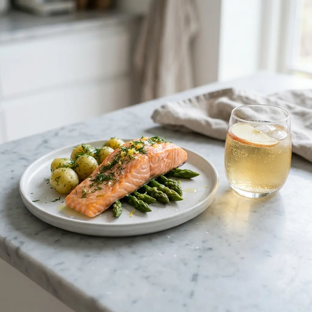 En lækker anretning med dampet laks serveret med friske krydderurter og sprødt tilbehør på en tallerken