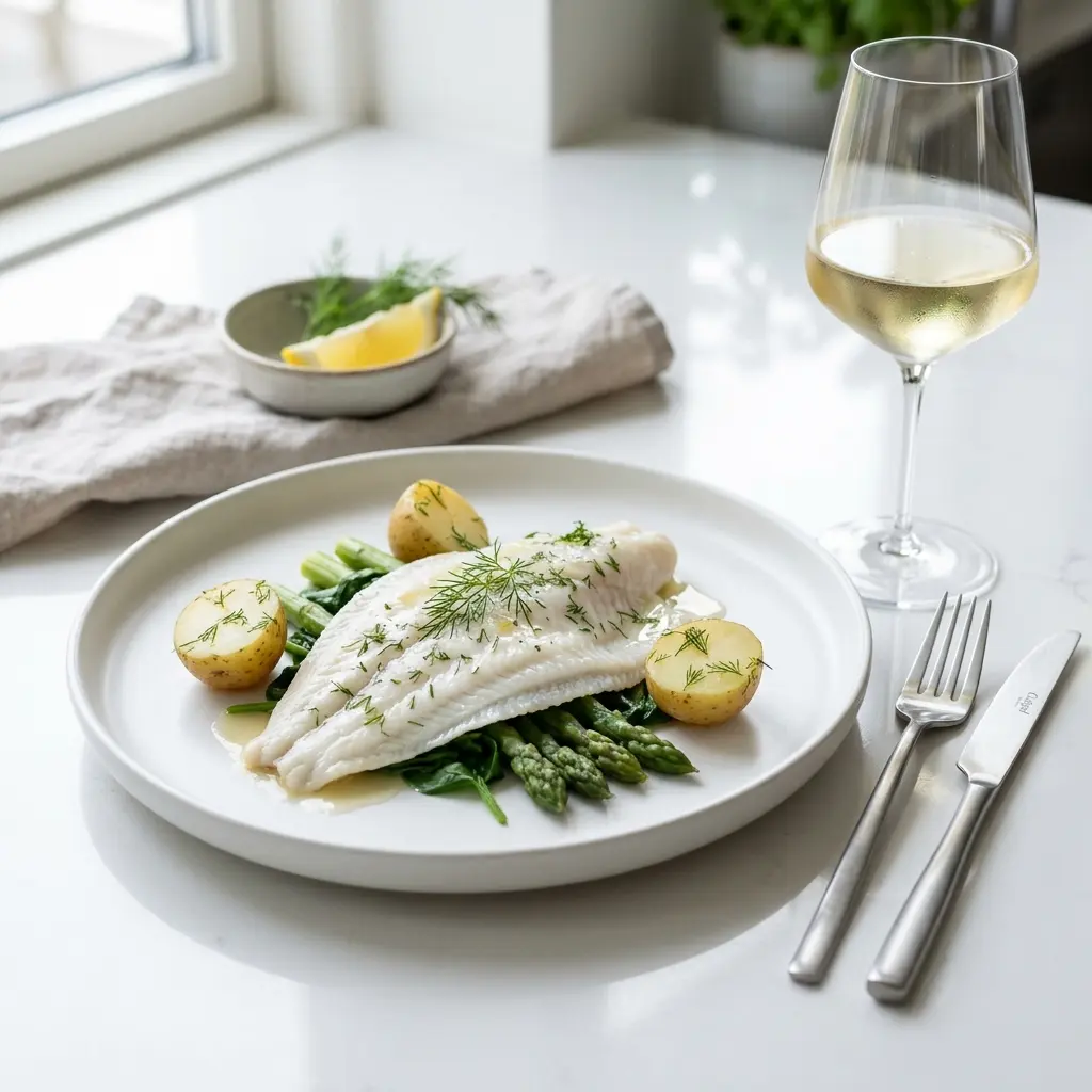 En lækker og sund dampet rødspættefilet serveret på en hvid tallerken klar til servering