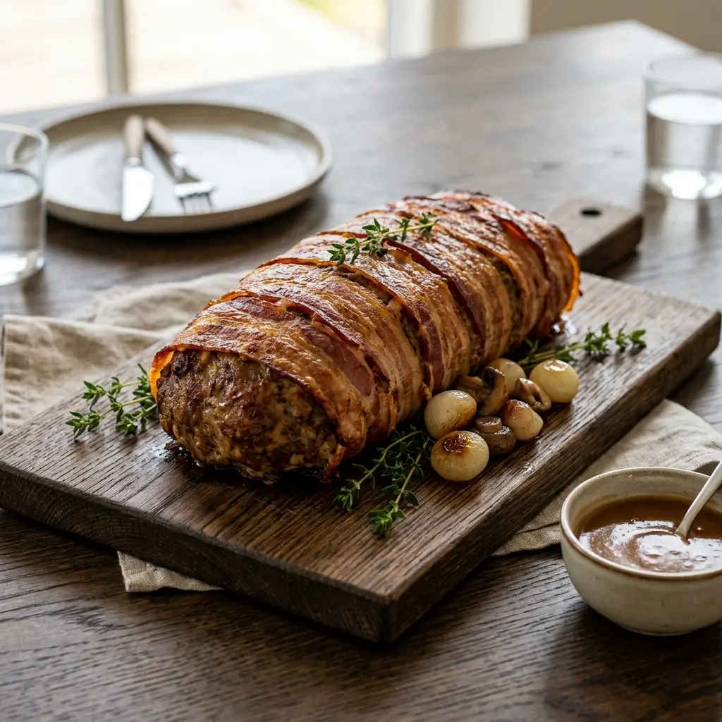 Et lækkert og saftigt dansk farsbrød serveret med ovnstegte kartofler og en cremet brun sovs