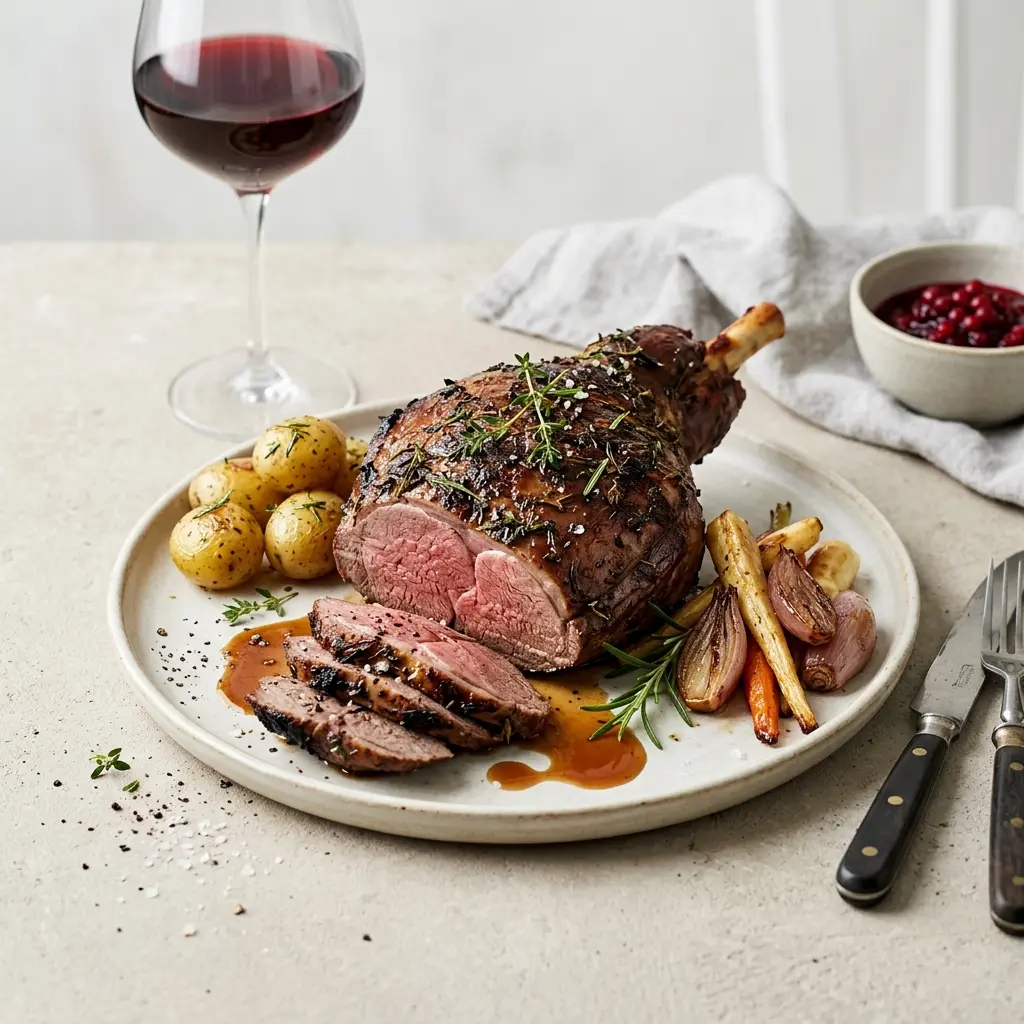 En smukt tilberedt dyrekølle i ovn serveret på et fad klar til en festlig middag