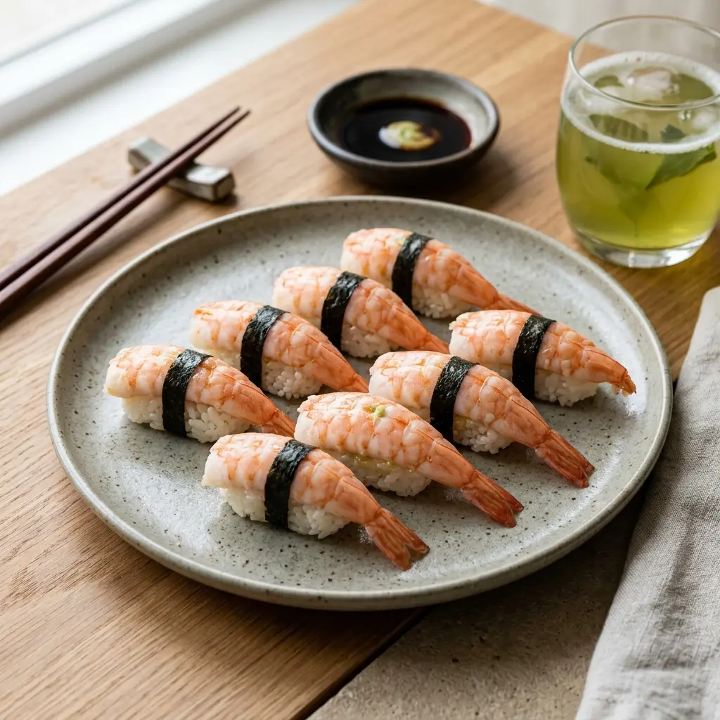 En flot anretning af ebi sushi med friske rejer placeret ovenpå små fine risboller
