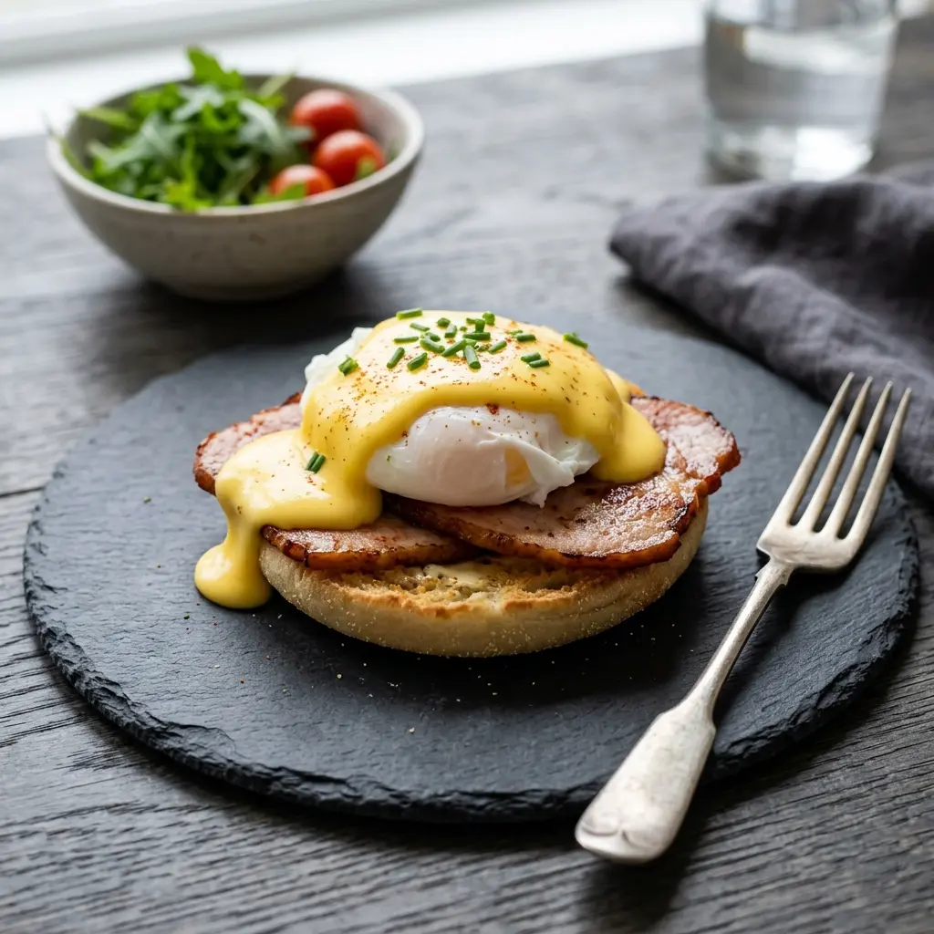 En tallerken med klassiske eggs benedict bestående af pocherede æg på ristet brød med hollandaisesauce