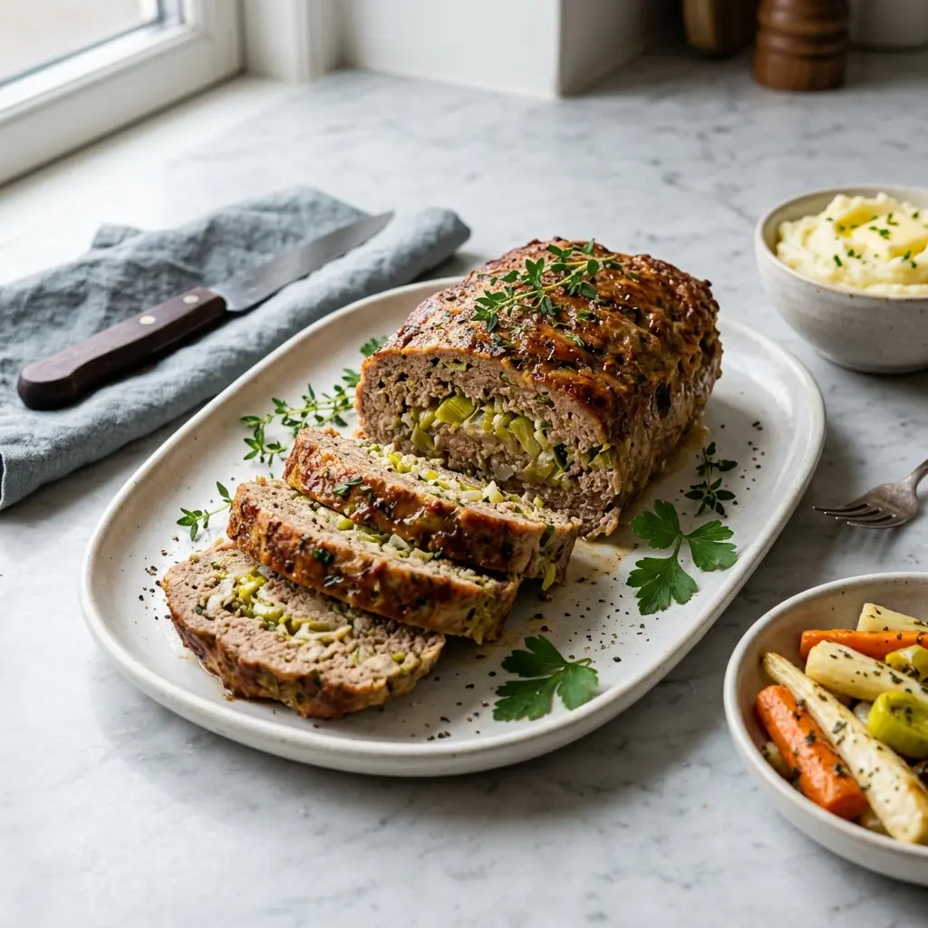 Et lækkert hjemmelavet farsbrød med porrer serveret på et flot fad klar til aftensmaden