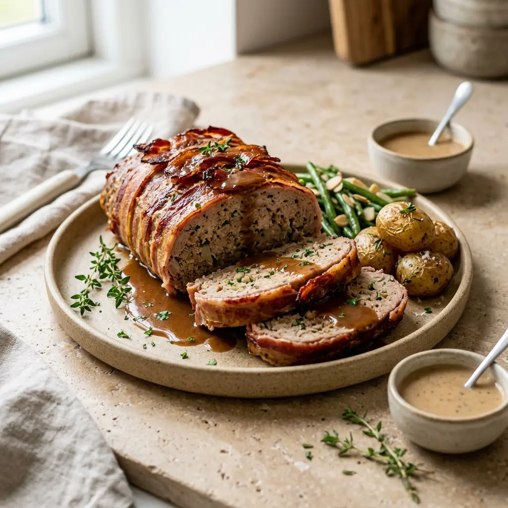 Et lækkert og hjemmelavet farsbrød med svinekød serveret med ovnstegte kartofler og en cremet sauce