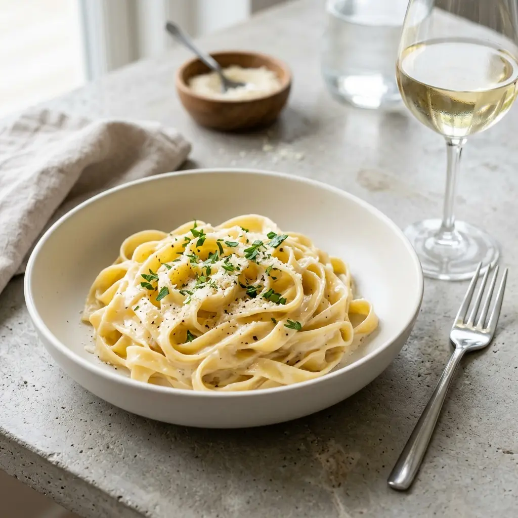 En lækker portion cremet fettuccine alfredo serveret på en hvid tallerken med friskrevet parmesanost