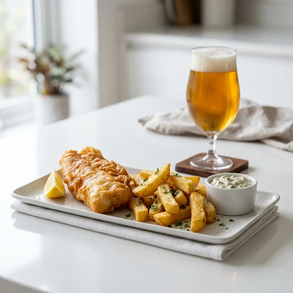 En tallerken med sprødstegt fish and chips serveret med en citronbåd og frisk persille
