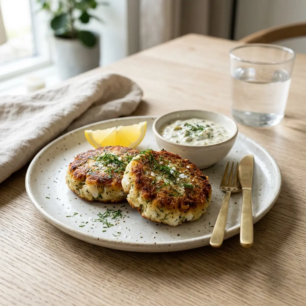 En tallerken med gyldenstegte og sprøde fishcakes serveret med frisk citron og en cremet dilddressing