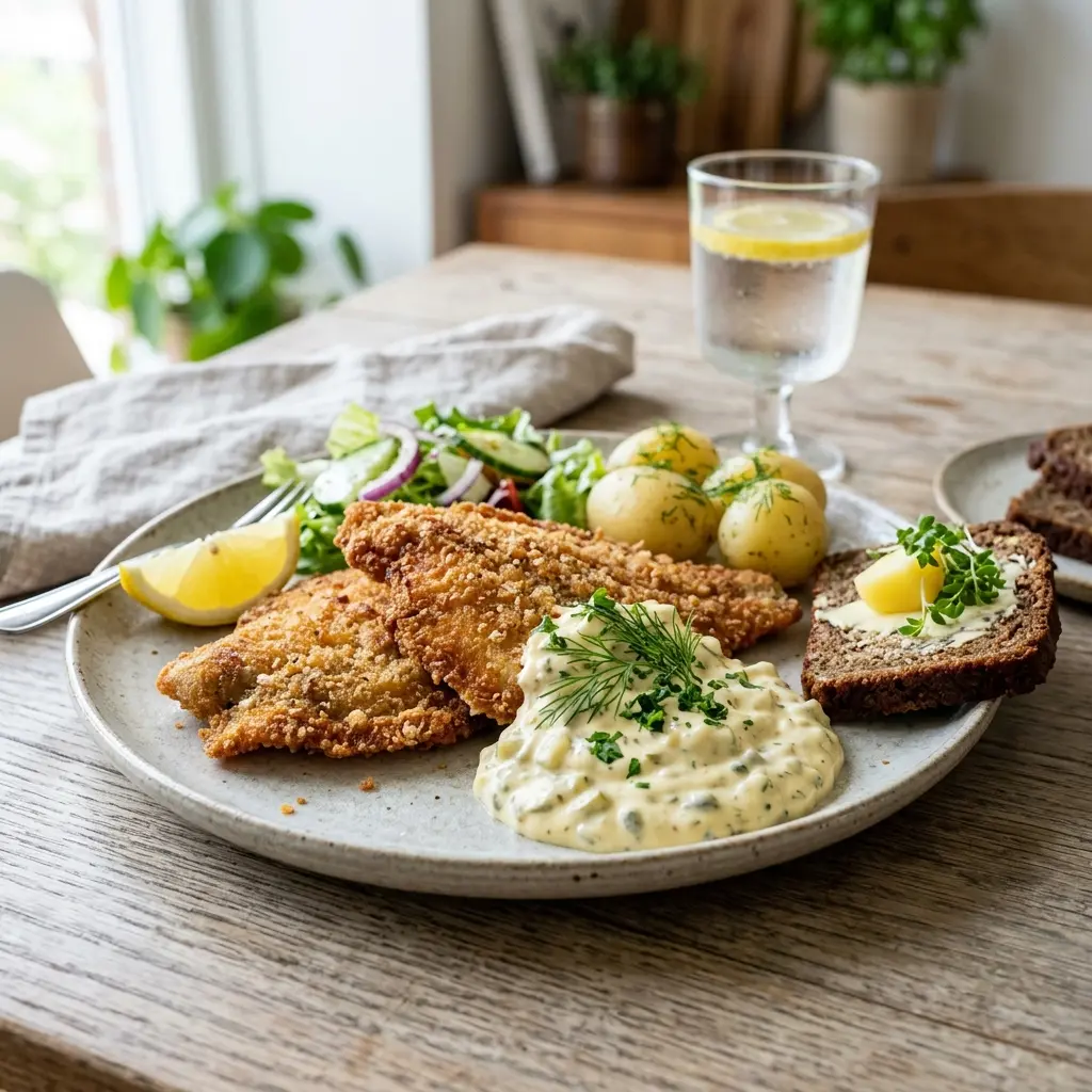 En lækker og sprødstegt fiskefilet med remoulade serveret på en tallerken klar til at spise