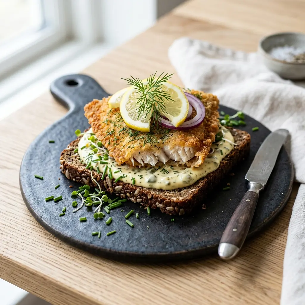 En lækker og klassisk fiskefilet å rugbrød pyntet med frisk citron og grønne krydderurter