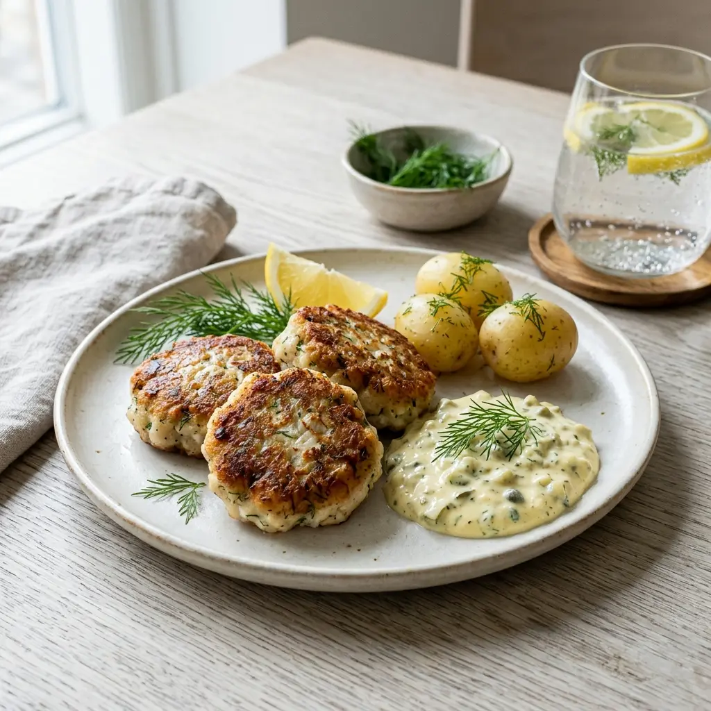 Lækre hjemmelavede fiskefrikadeller af rødspætte serveret på en tallerken med citron og frisk dild