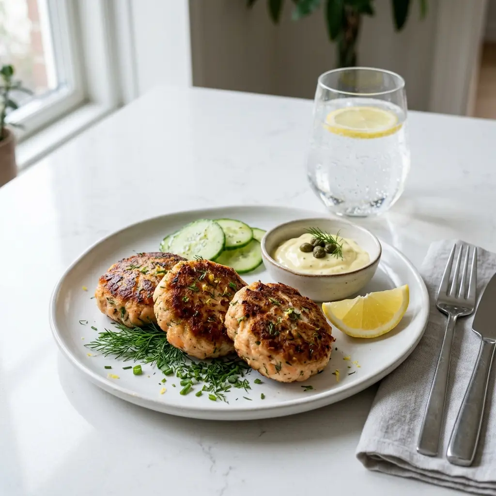 Lækre hjemmelavede fiskefrikadeller med laks og torsk serveret på en hvid tallerken med citron