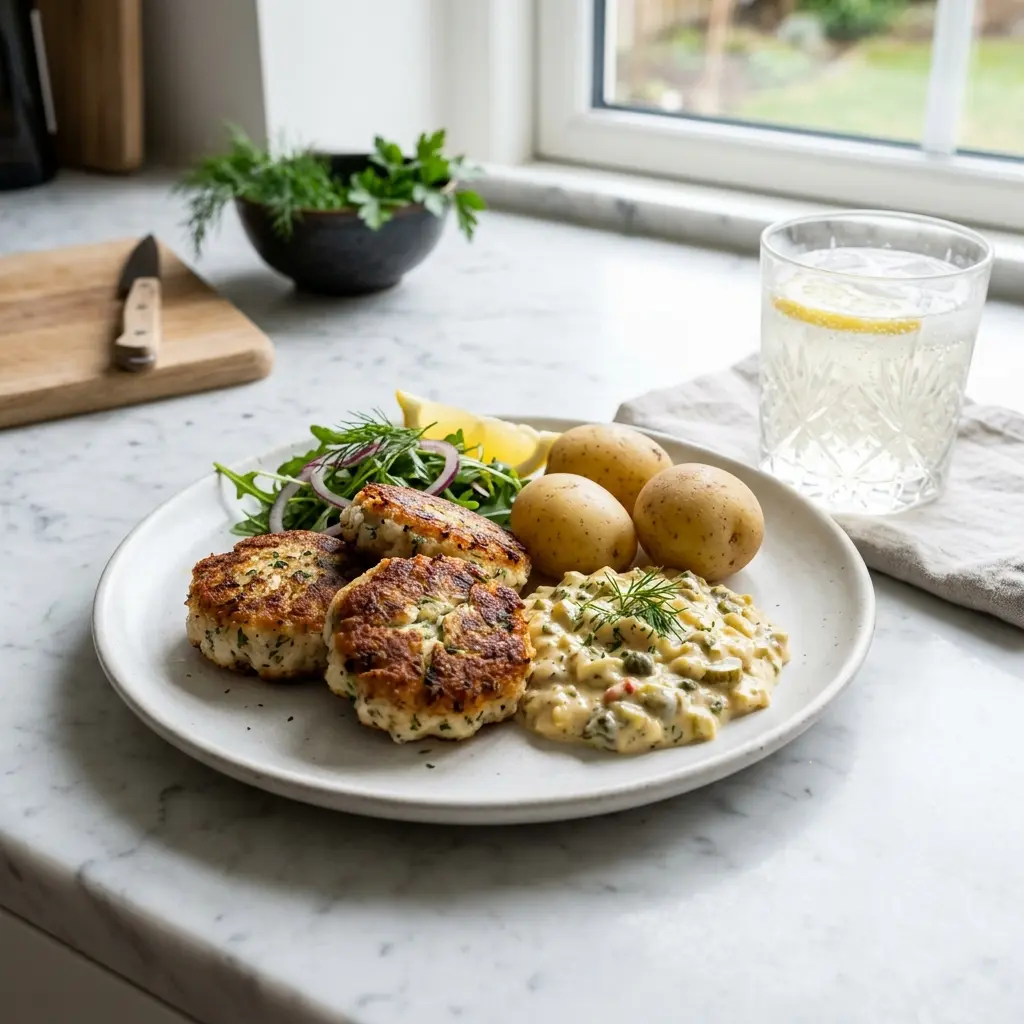 Lækre hjemmelavede fiskefrikadeller med remoulade serveret på en tallerken med citron og friske krydderurter til pynt
