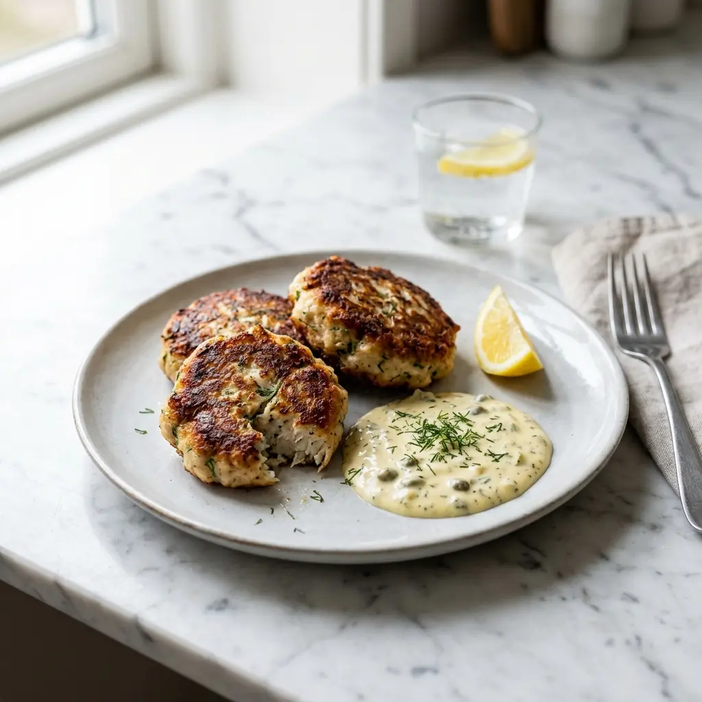 En tallerken med gyldne og sprøde fiskefrikadeller serveret med en frisk grøn salat til frokost