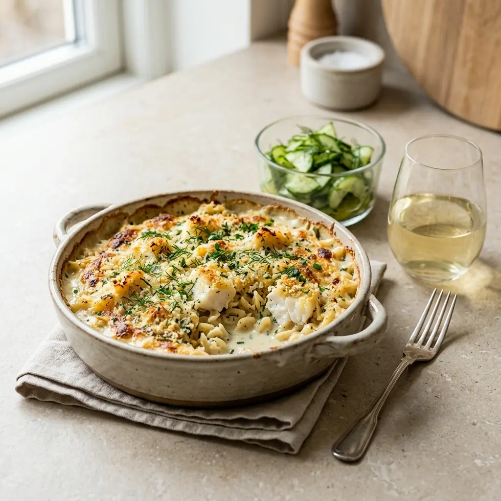 En lækker hjemmelavet fiskegratin med torsk serveret i et ildfast fad klar til servering