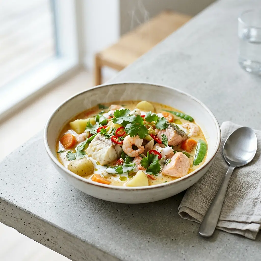 En cremet og smagfuld fiskegryde med kokosmælk serveret i en dyb tallerken med friske krydderurter