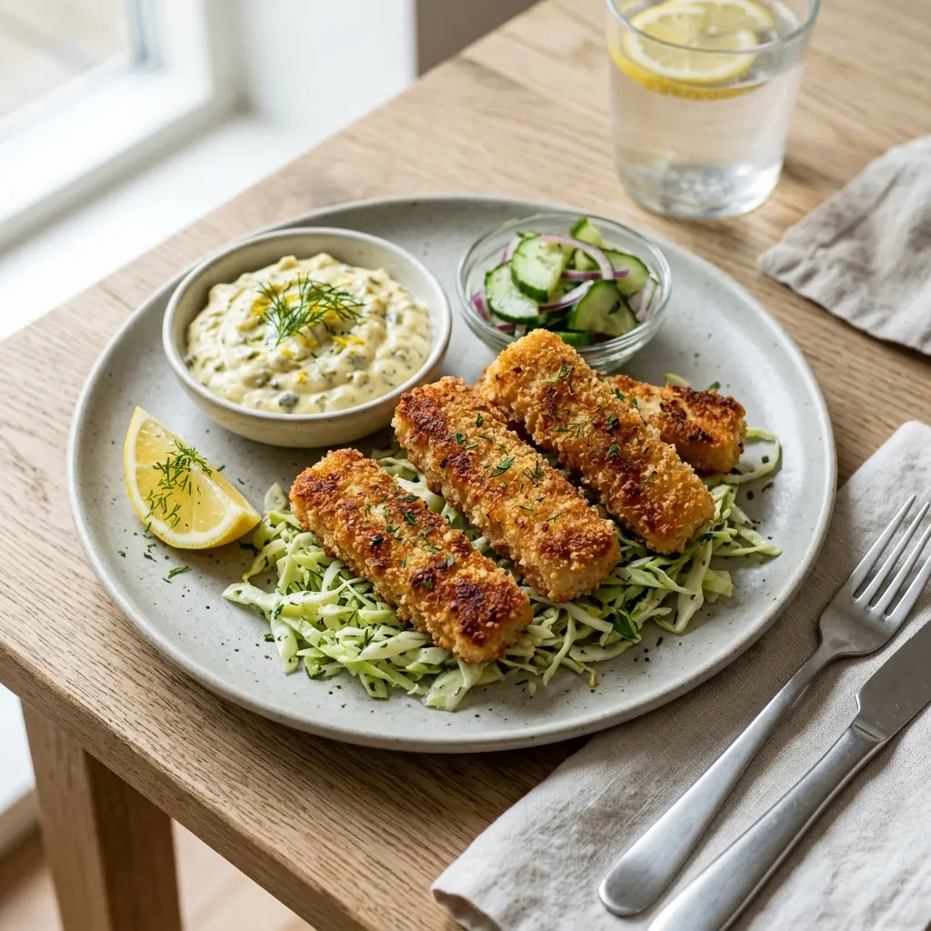 En tallerken med sprøde og gyldne fiskepinde serveret med en frisk citronbåd og remoulade