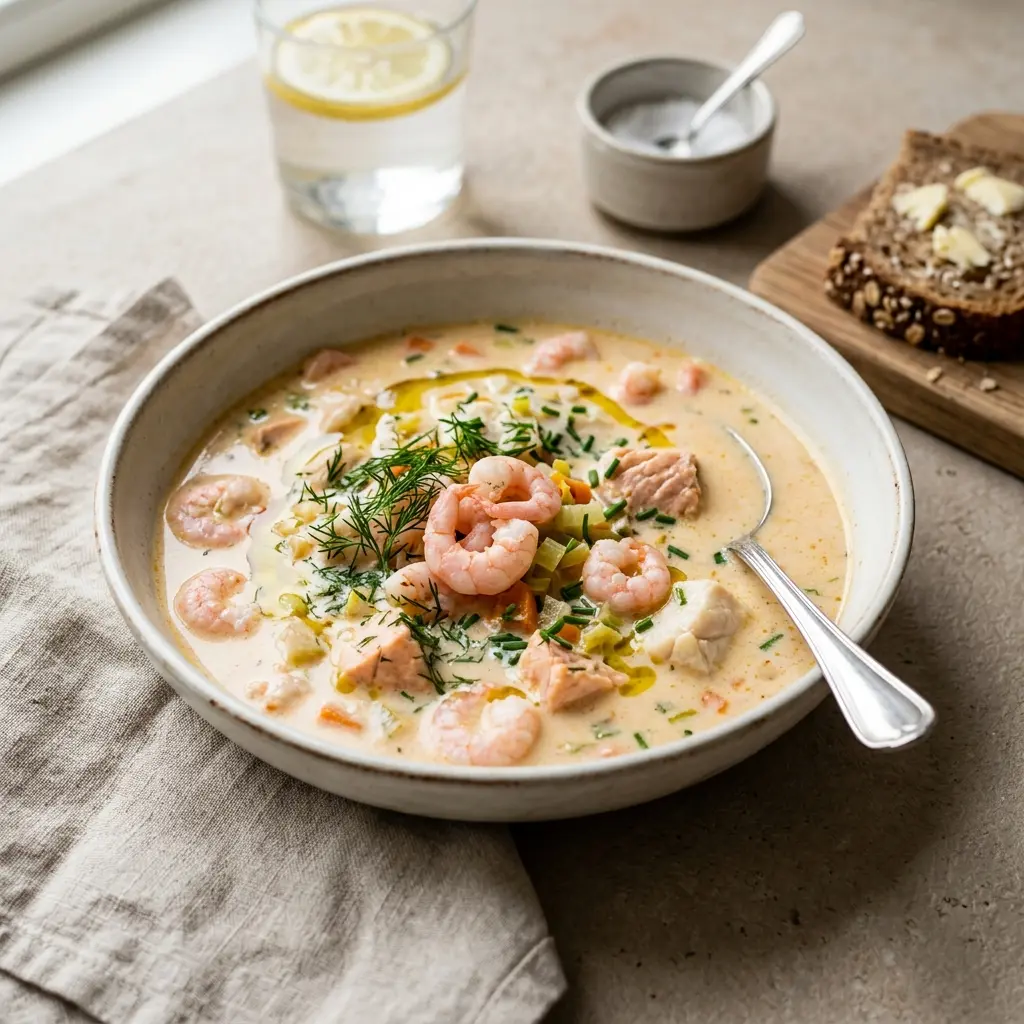 En lækker hjemmelavet fiskesuppe med rejer serveret i en dyb tallerken med friske krydderurter på toppen