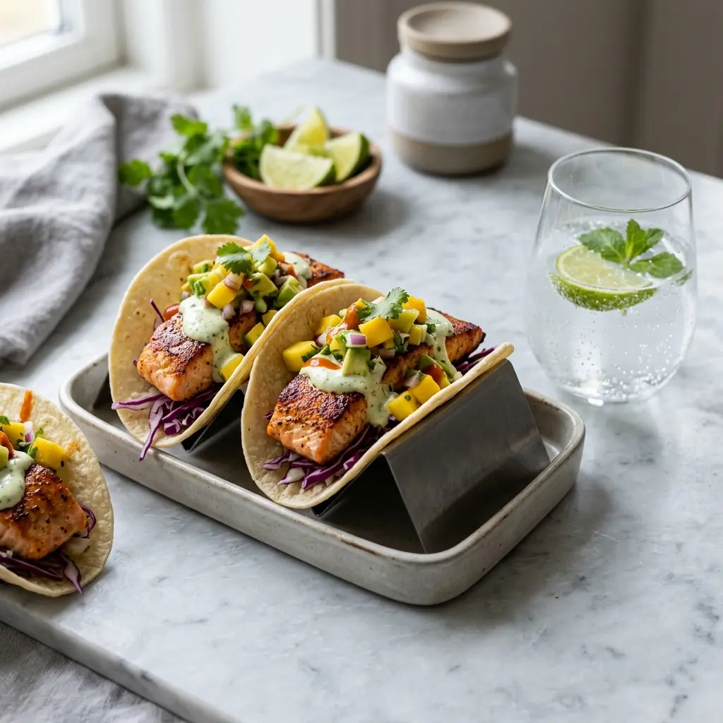 Friske og farverige fisketacos med laks serveret med sprødt grønt og en let limecreme på en tallerken