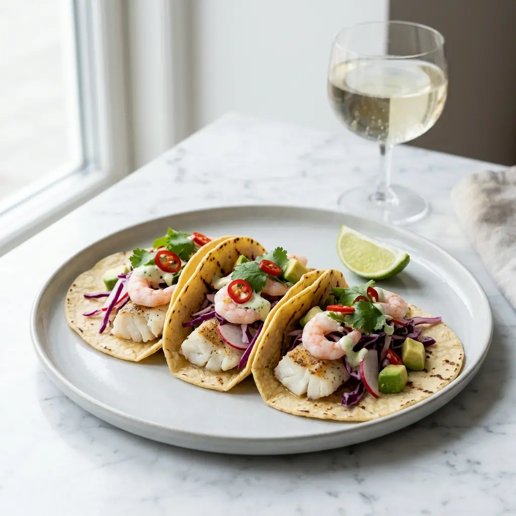 En farverig tallerken med lækre fisketacos med rejer pyntet med frisk lime og krydderurter