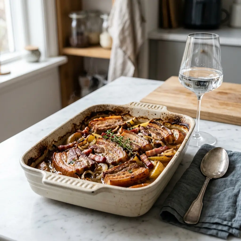 En lækker portion flæsk i fad serveret med en cremet sauce og friske krydderurter på toppen