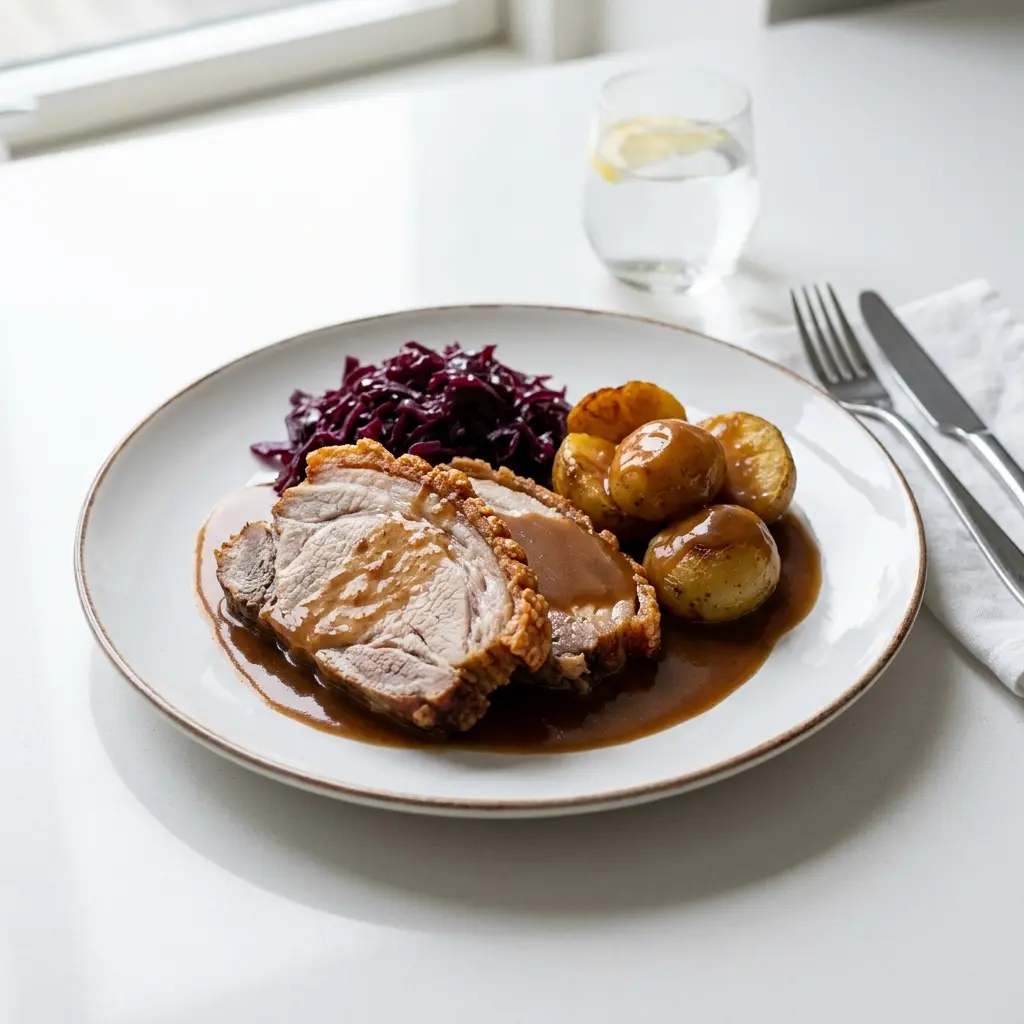 En lækker og saftig flæskesteg med brun sovs serveret med klassisk tilbehør på en tallerken