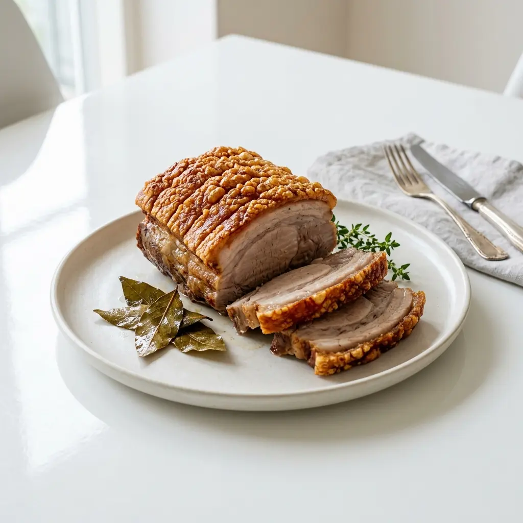 En lækker og klassisk flæskesteg med sprød svær serveret på et flot skærebræt klar til servering
