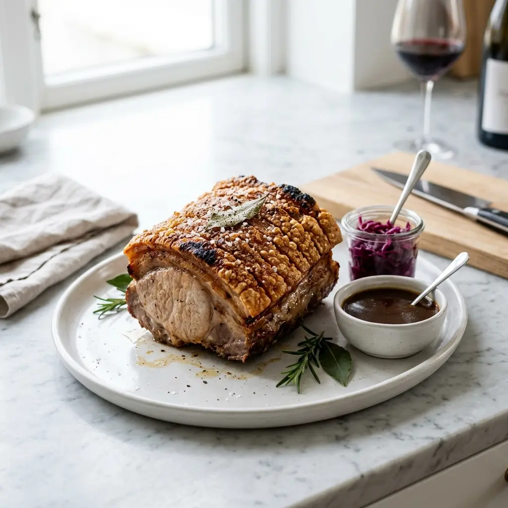En lækker og sprød flæskesteg å grill klar til servering med en flot gylden svær