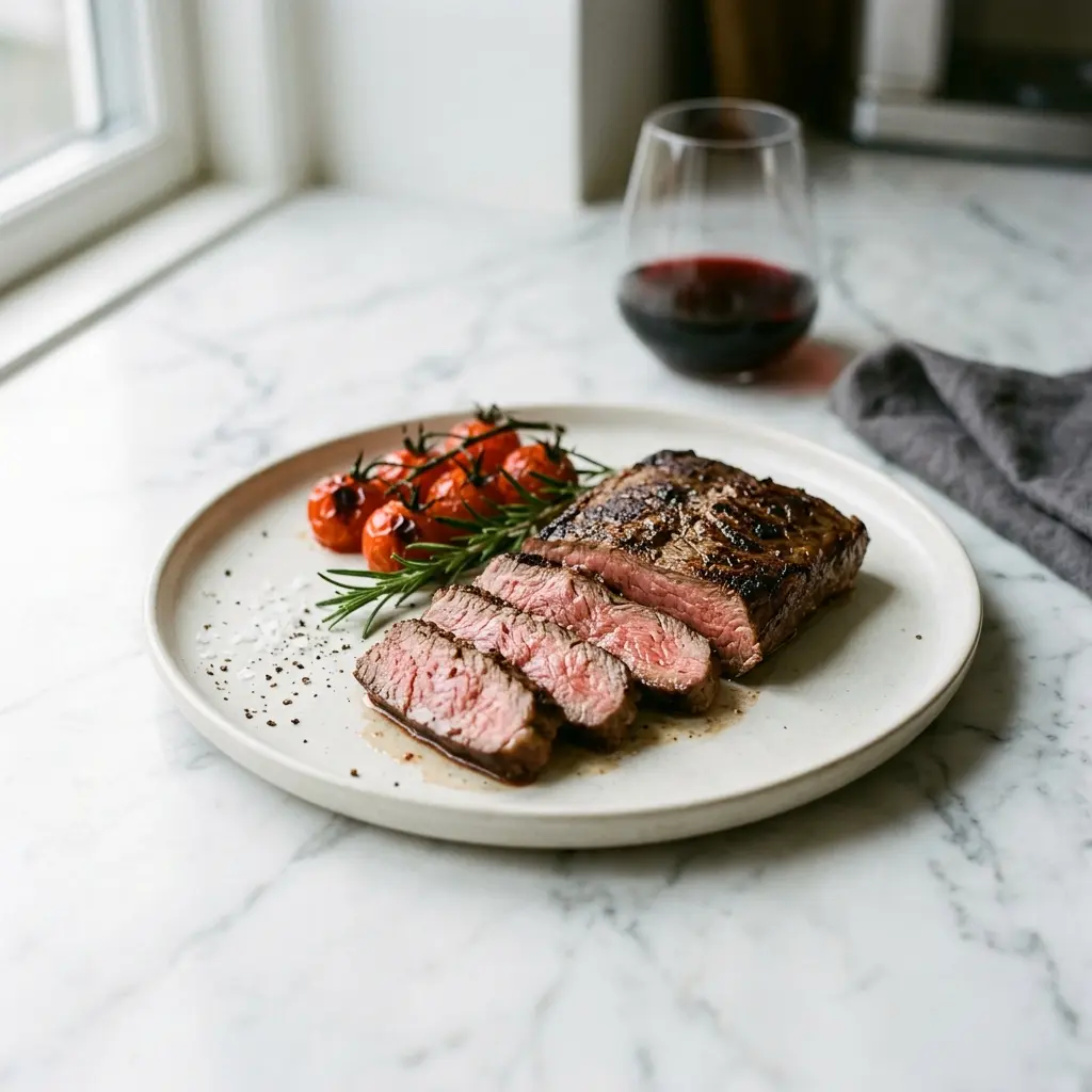En veltilberedt og saftig flat iron steak serveret på en tallerken klar til servering