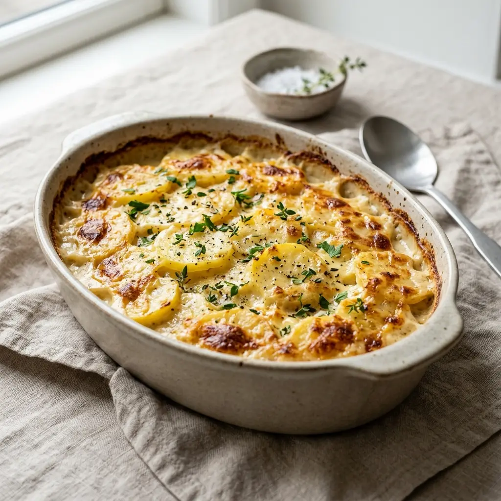 En lækker portion hjemmelavede flødekartofler med hvidløg serveret i et ildfast fad klar til servering