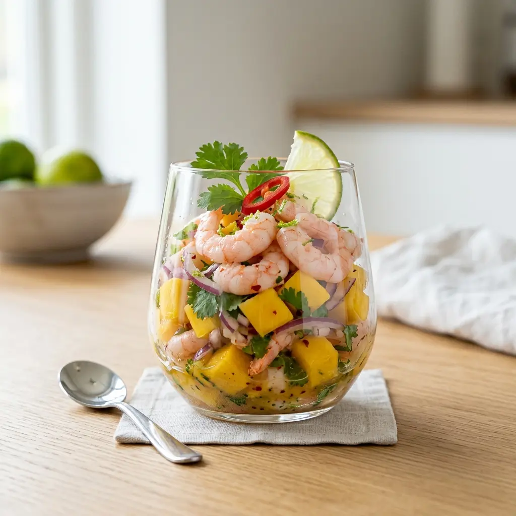 En elegant anrettet forret med rejer og mango serveret på en flot tallerken klar til servering