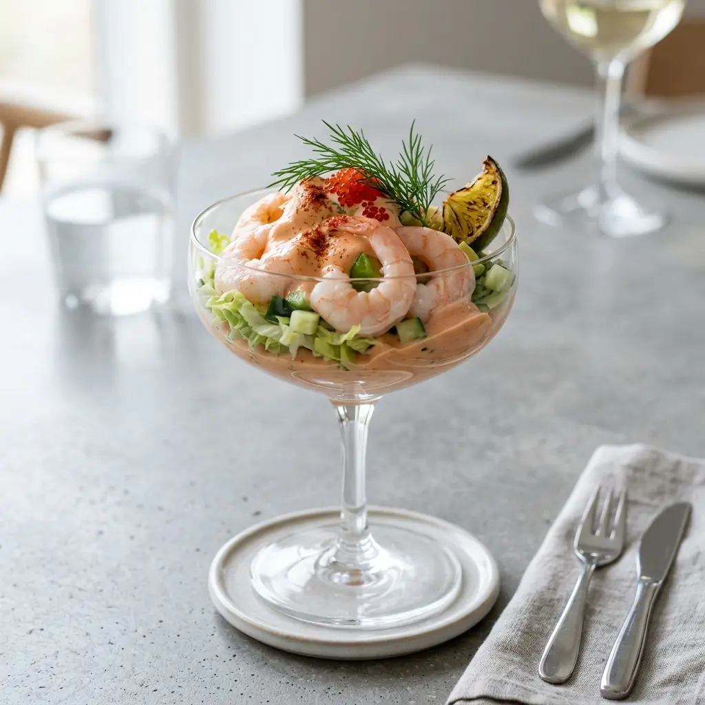 En elegant anrettet forret med rejer serveret på en hvid tallerken klar til servering