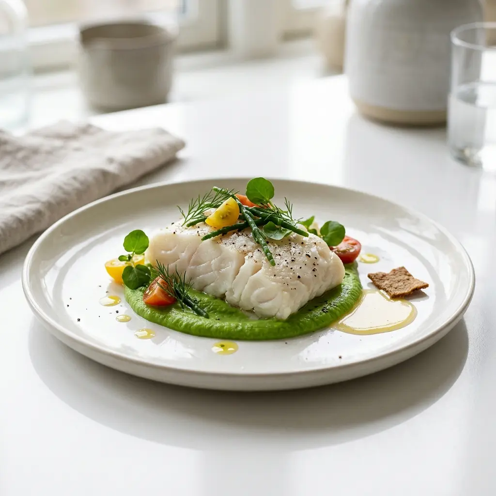 En elegant anrettet forret med torsk serveret på en hvid tallerken med friske krydderurter