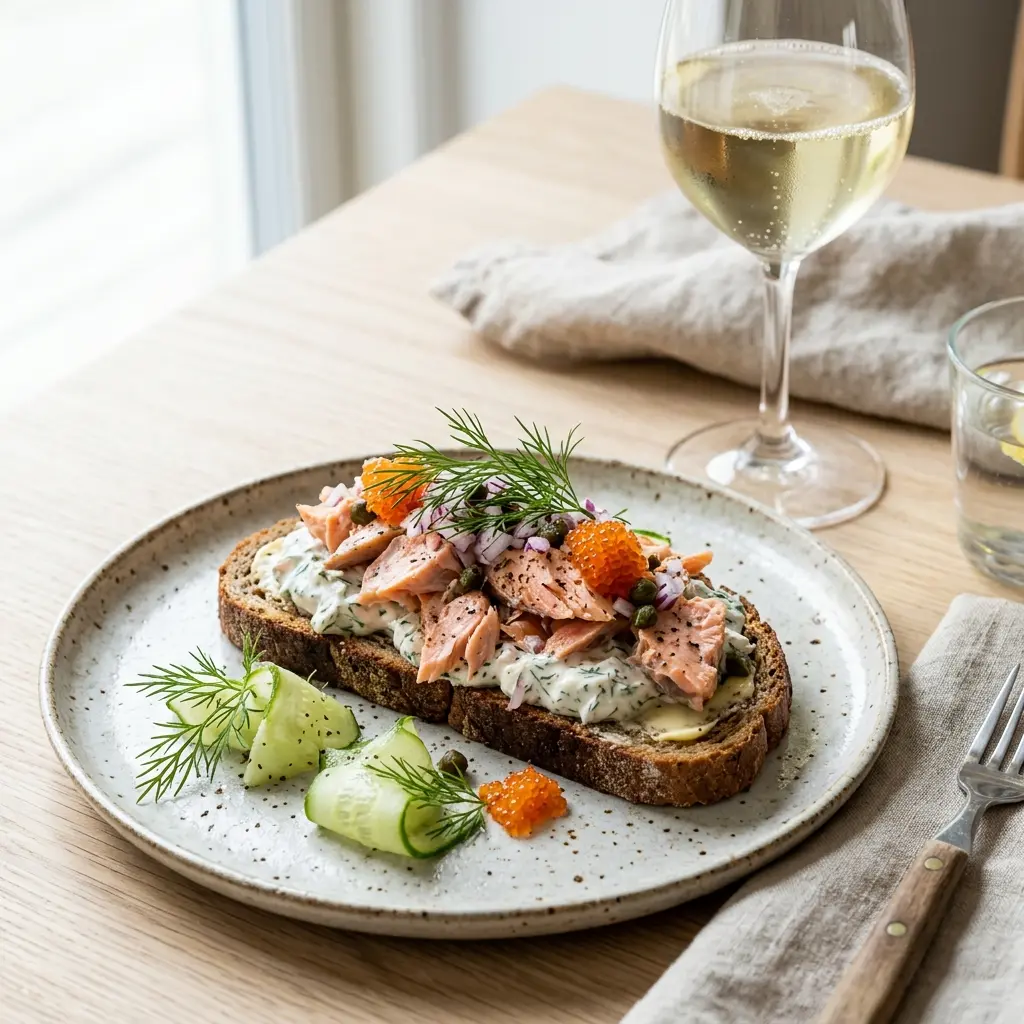 En elegant og velsmagende forret med varmrøget laks anrettet på en tallerken klar til servering