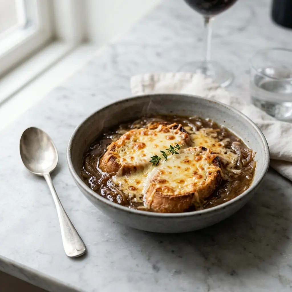 En skål med klassisk fransk løgsuppe toppet med gratineret ost og sprødt brød på toppen