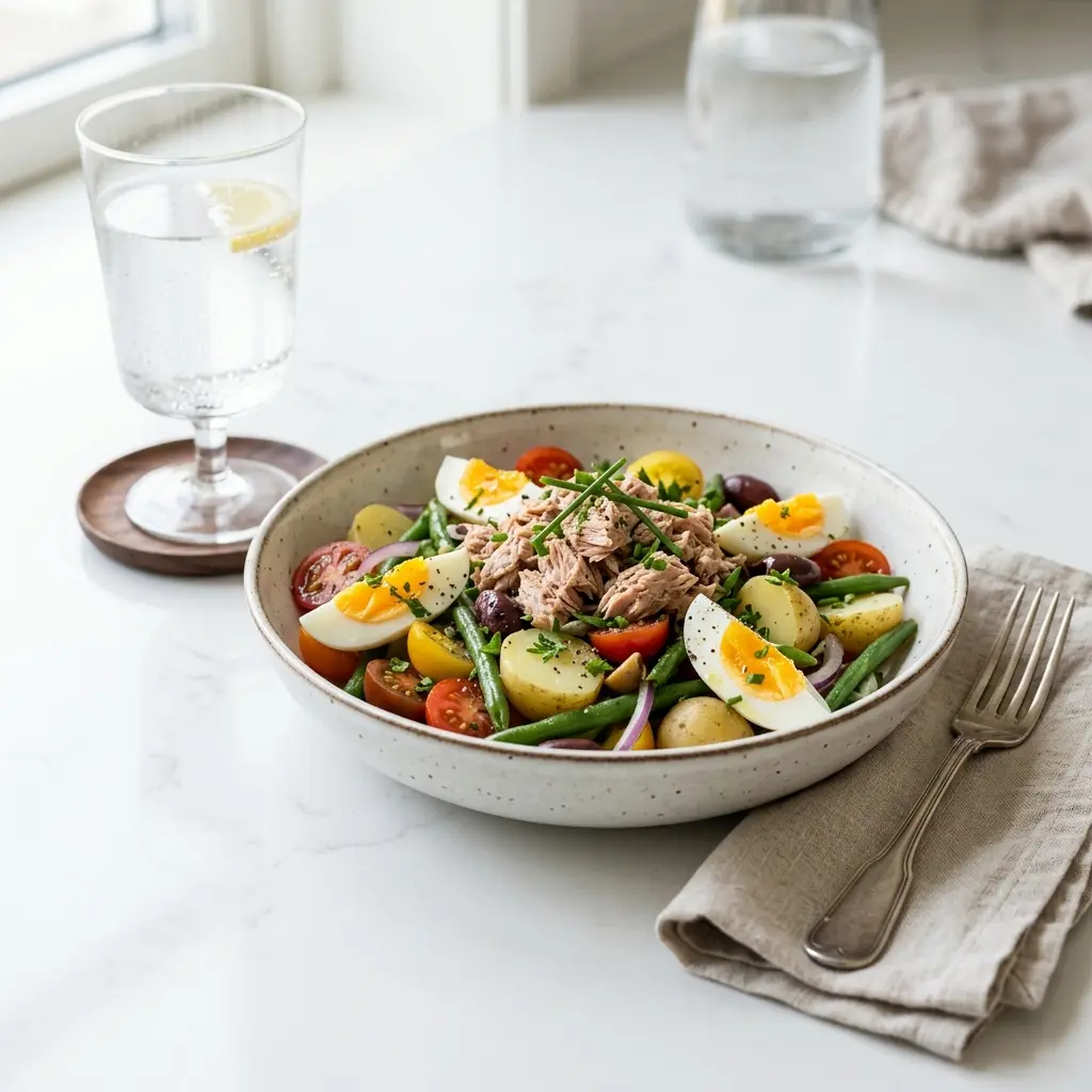 En lækker og frisk fransk salat med tun serveret i en flot skål til frokost
