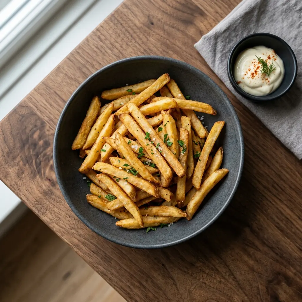 En skål med sprøde og gyldne franske kartofler serveret som en lækker og salt snack