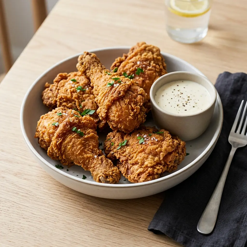 En tallerken med sprødstegt fried chicken serveret som en lækker og velsmagende hovedret til middag
