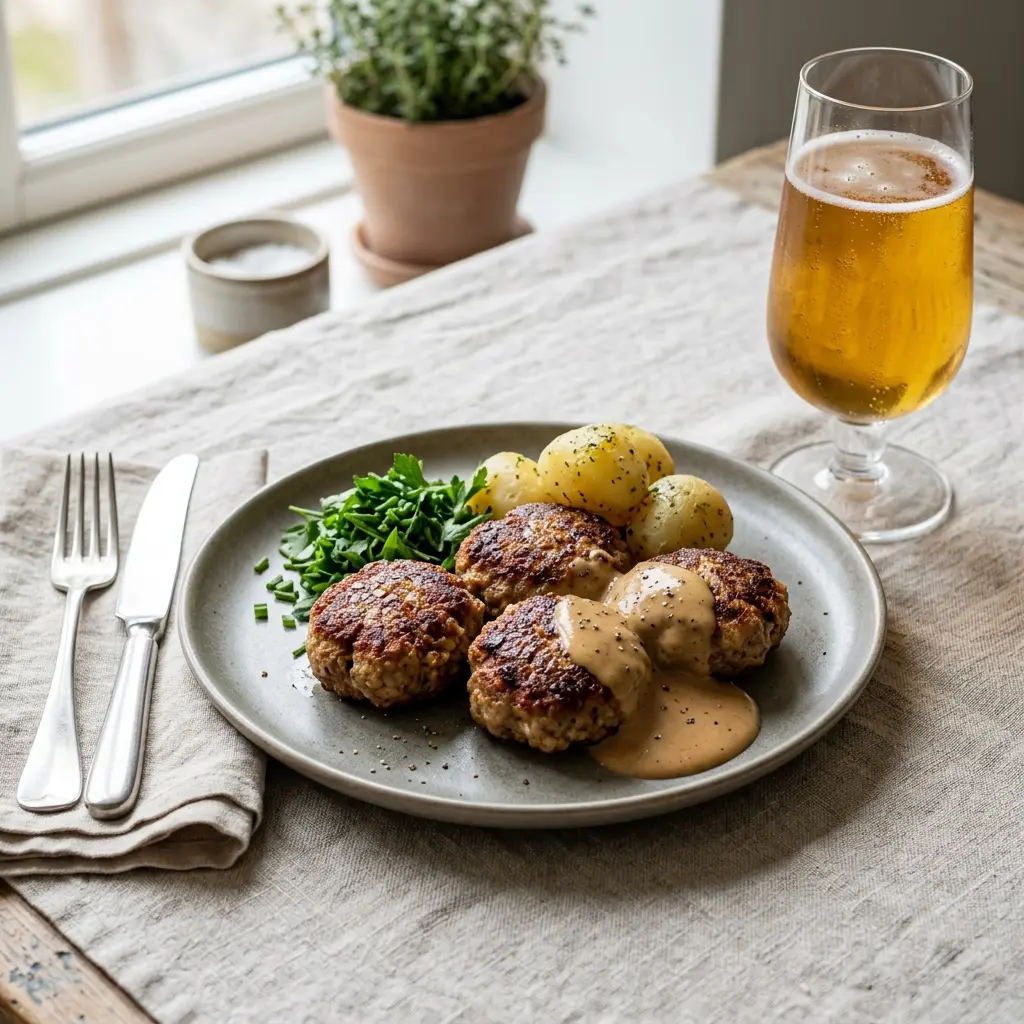 En tallerken med hjemmelavede frikadeller af oksekød serveret med klassisk tilbehør på et træbord