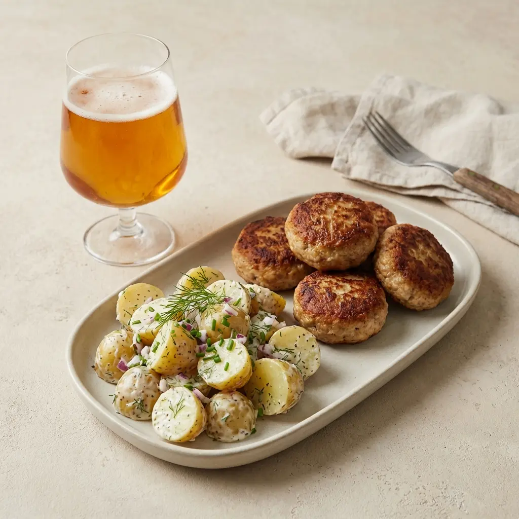 En lækker tallerken med klassiske frikadeller med kold kartoffelsalat og friske krydderurter på toppen