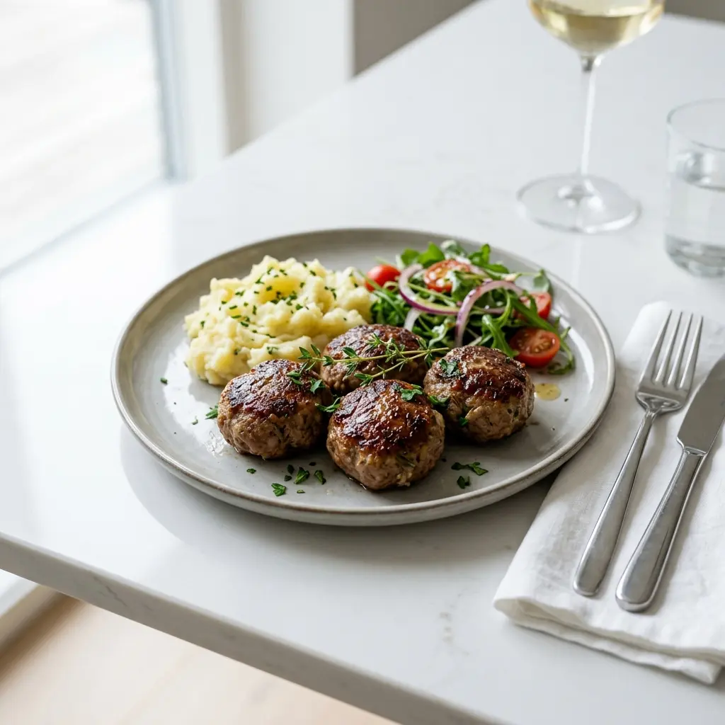 En tallerken med hjemmelavede frikadeller med lam serveret med friske krydderurter og en let anretning