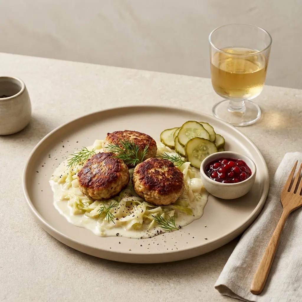 En tallerken med hjemmelavede frikadeller med stuvet spidskål serveret som en klassisk og velsmagende middagsret
