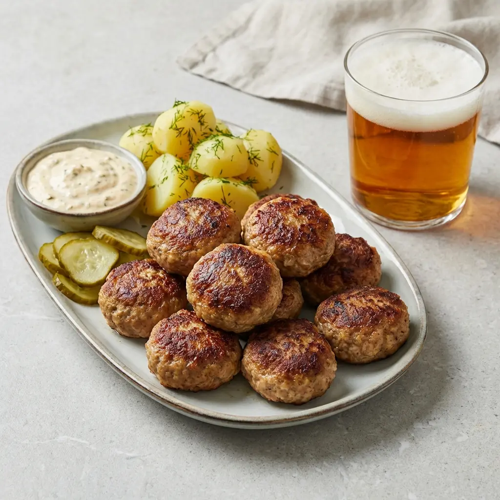 En tallerken med nystegte danske frikadeller serveret med klassisk tilbehør på et spisebord