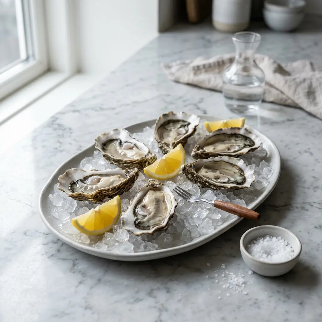En tallerken med friske østers med citron klar til servering som en elegant forret