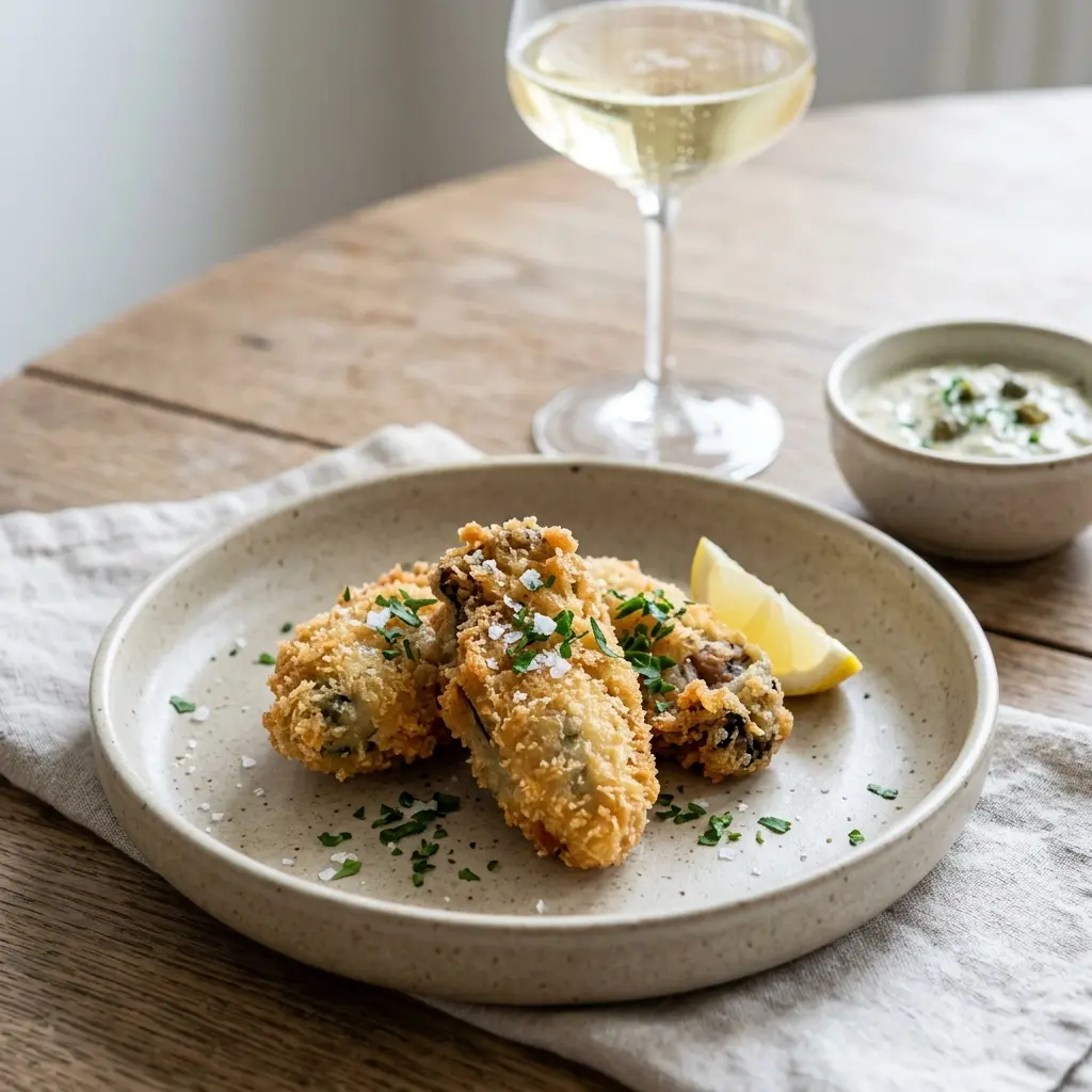 En tallerken med sprøde og gyldne friterede østers serveret som en lækker og delikat forret